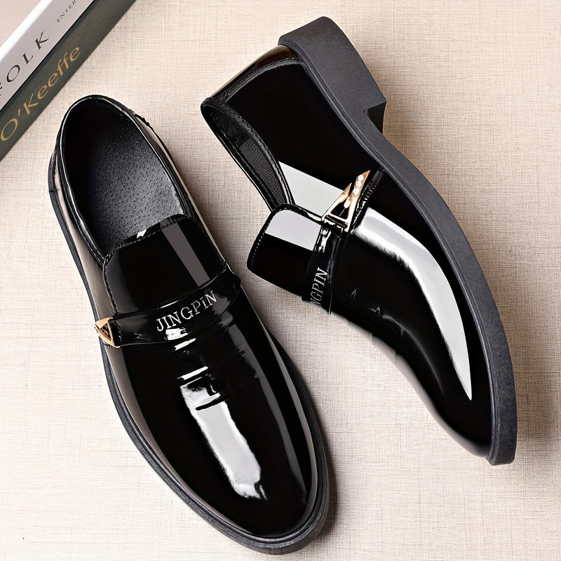 Men's Black Slip-On Business Casual Shoes with Pointed Toe and Gold Accents