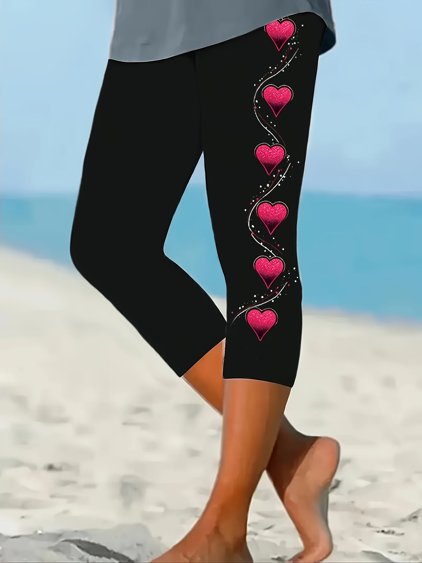 Women’s Black Skinny Leggings with Pink Heart and Star Print Beach Wear