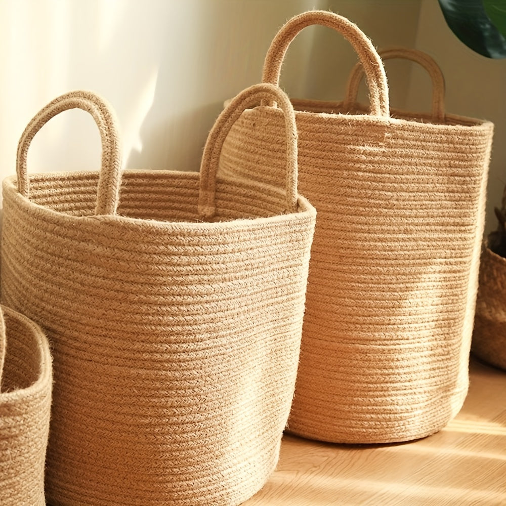 cesta de ropa de yute tejida rectangular con asas para ropa y juguetes