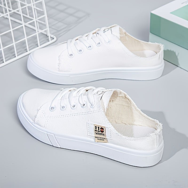 Women's White Fabric Low-Top Lace-Up Sneakers All-Season Round Toe