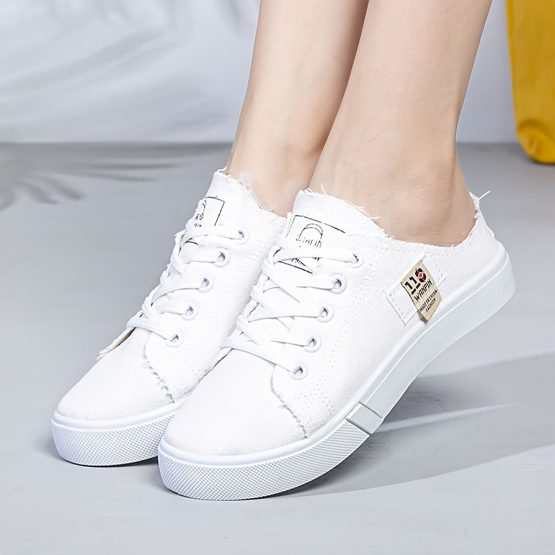 Women's White Fabric Low-Top Lace-Up Sneakers All-Season Round Toe