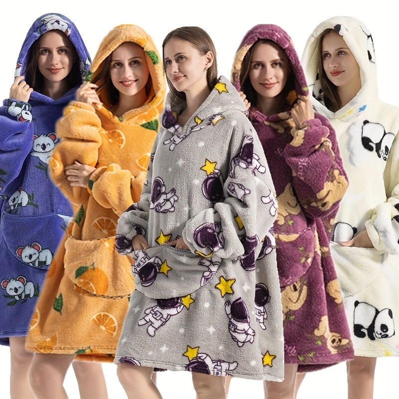 Hooded Fleece Blanket Robe for Adults Cozy Wearable Lounge Wrap