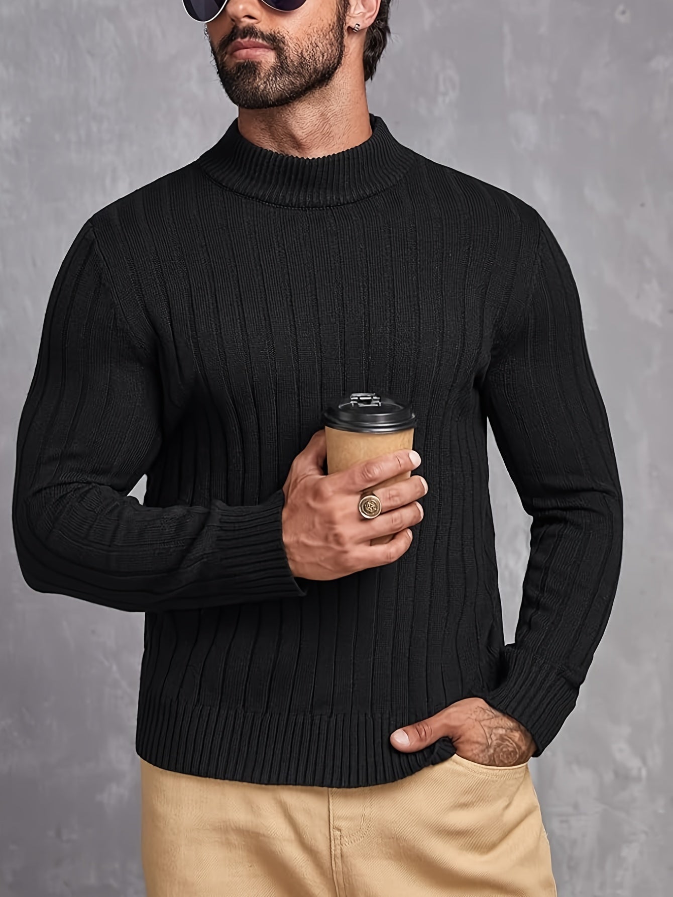 Men's Slim Fit Ribbed Knit Pullover Sweater for Plus Sizes Lightweight High Neck Long Sleeve Top