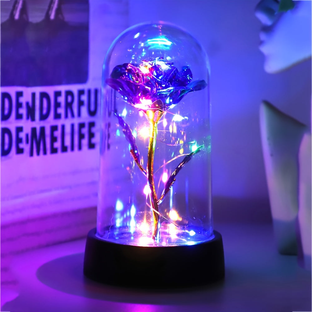 LED Night Light Rose in Glass Dome Pink or Yellow Flowers Battery Powered Gift for Valentine's Day Mother's Day Weddings