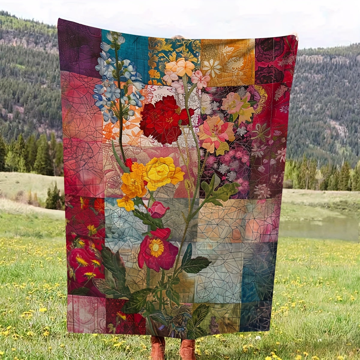 Fleece Blanket with Floral Patchwork Design Cozy Rustic Cabin Style Throw for Daughters