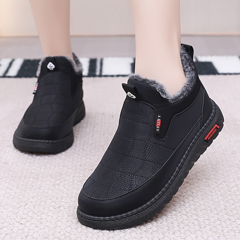 Women's Fleece-Lined Slip-On Ankle Boots Casual Solid Color Fabric