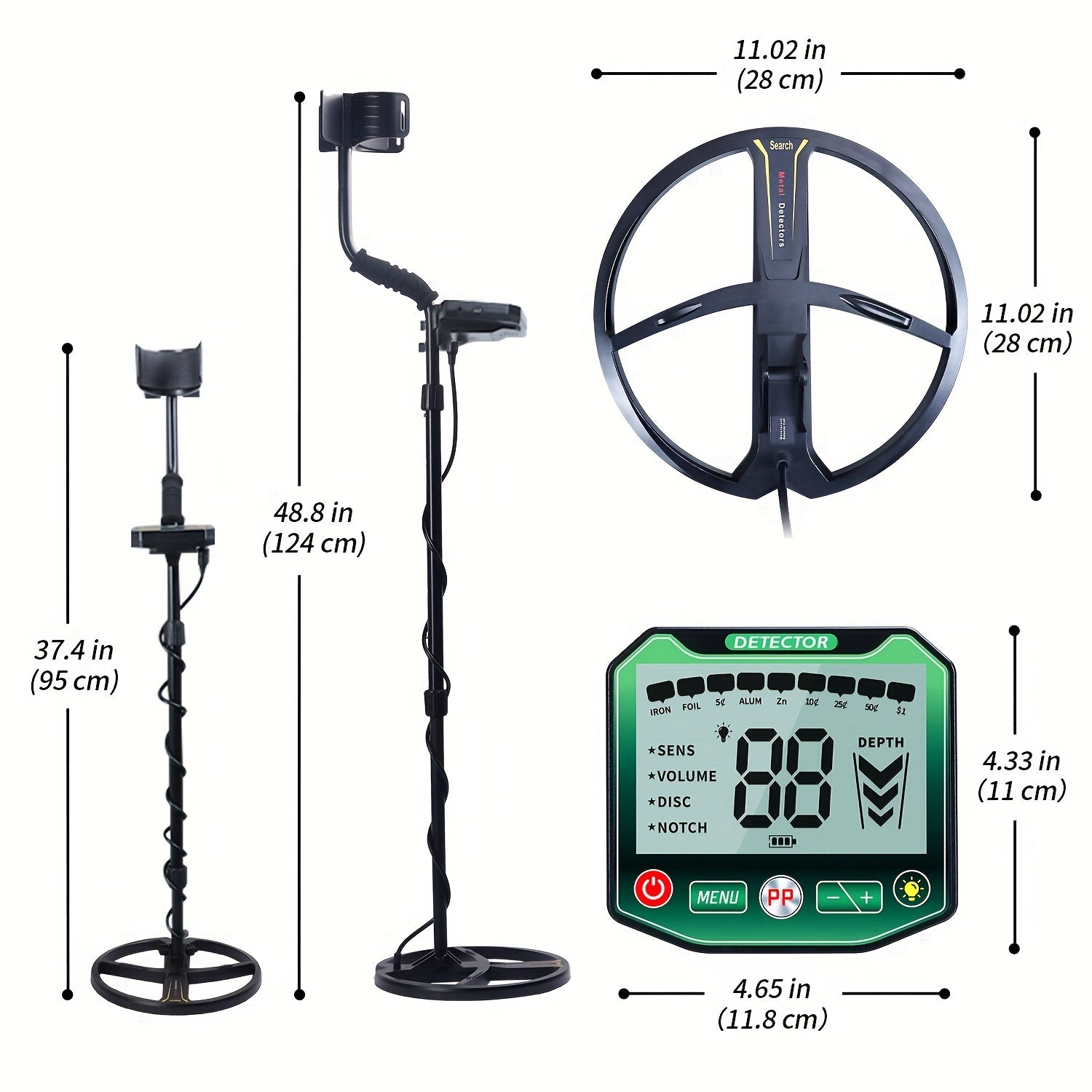Detector de metales subterráneo con bobina de búsqueda de 27.94cm, pantalla LCD HD, modos ajustables para monedas y metales