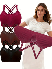Women's Plus Size Seamless Wireless Sports Bra 3 Pack Breathable Hollow Design