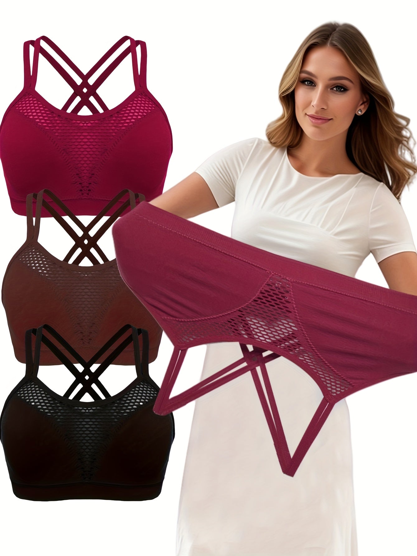 Women's Plus Size Seamless Wireless Sports Bra 3 Pack Breathable Hollow Design