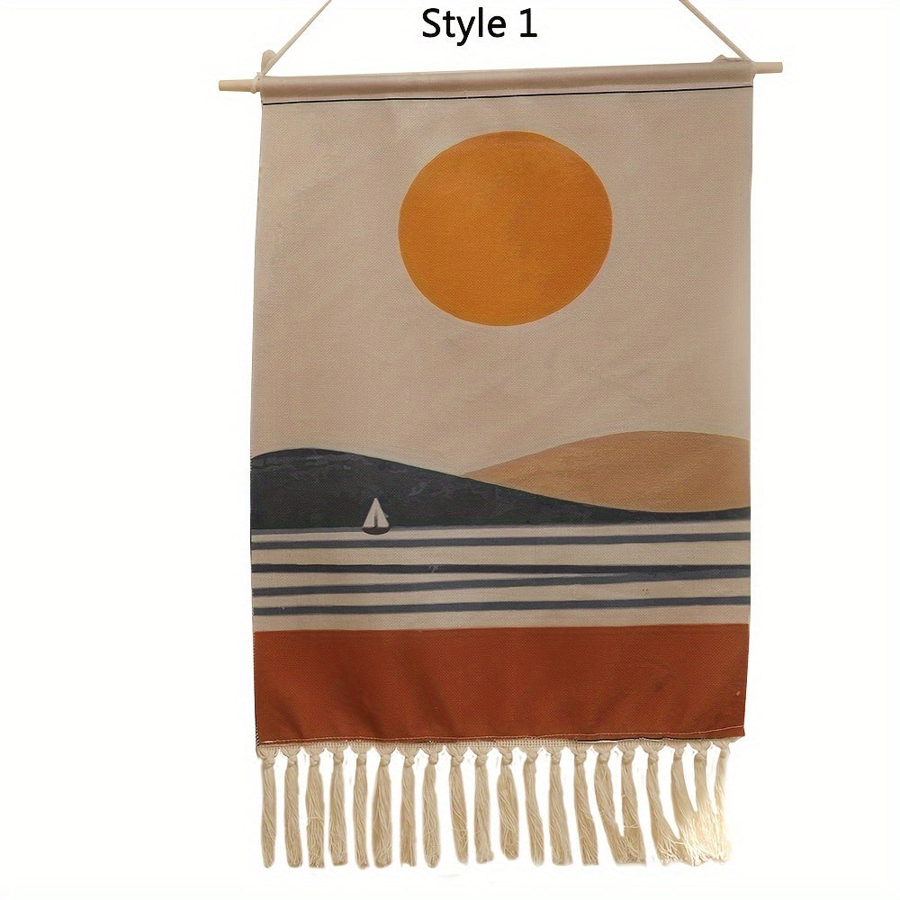 Bohemian Linen Wall Tapestry with Fringe Border Sun and Sailboat Design for Living Room or Bedroom