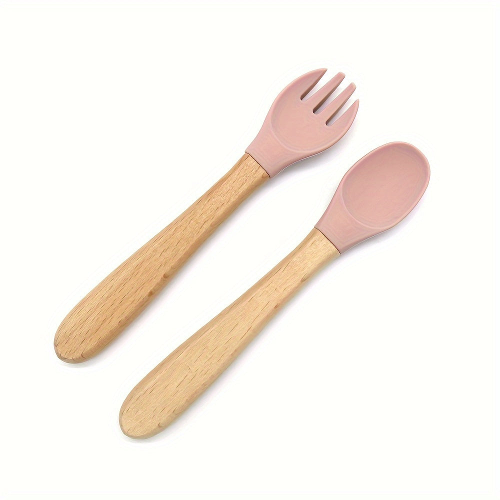 Juego de 2 conjuntos de alimentación para niños con cucharas de silicona y mangos de madera en colores mezclados
