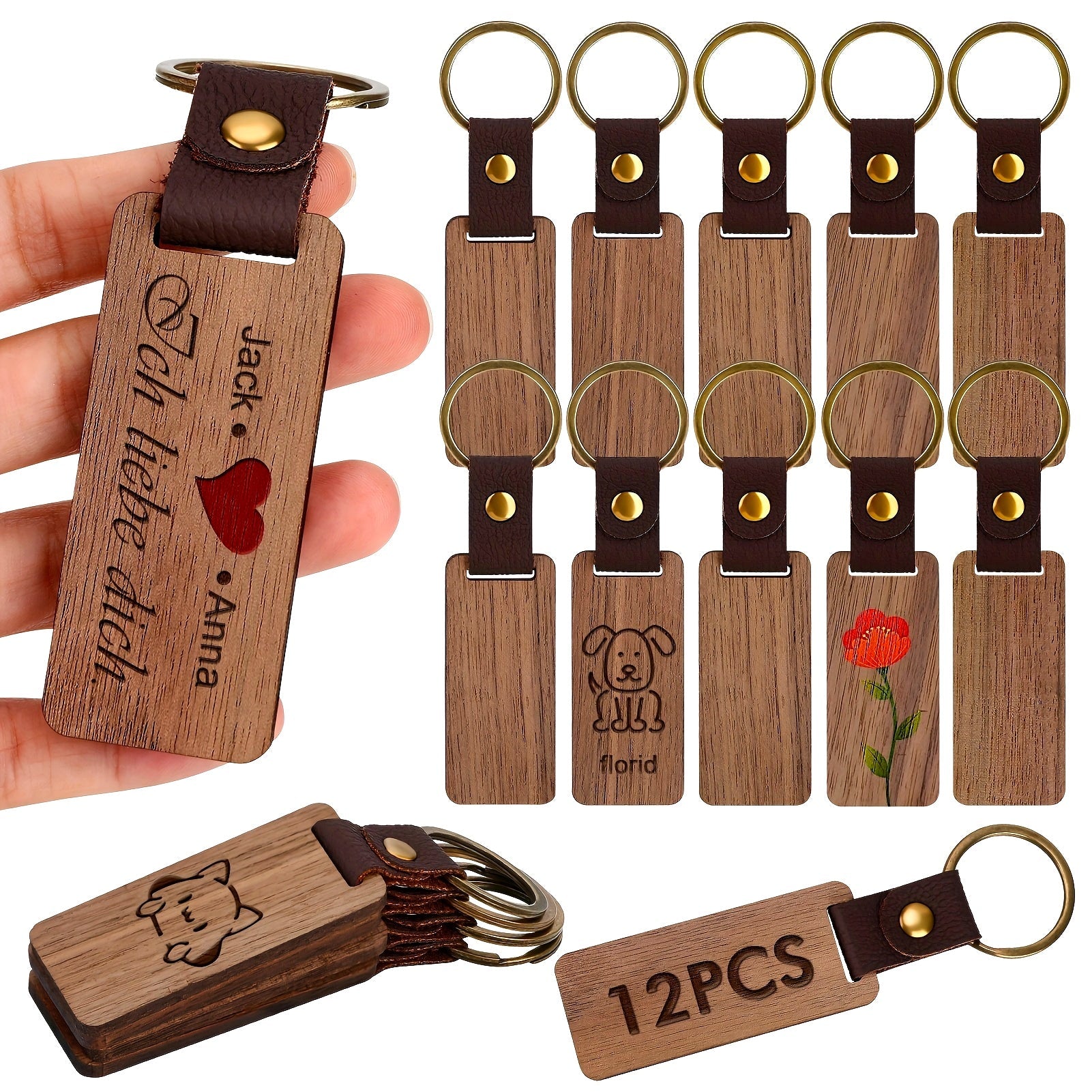 Set of 12 Personalized Wooden Keychains with Ring Buckle for Gifts and Crafts