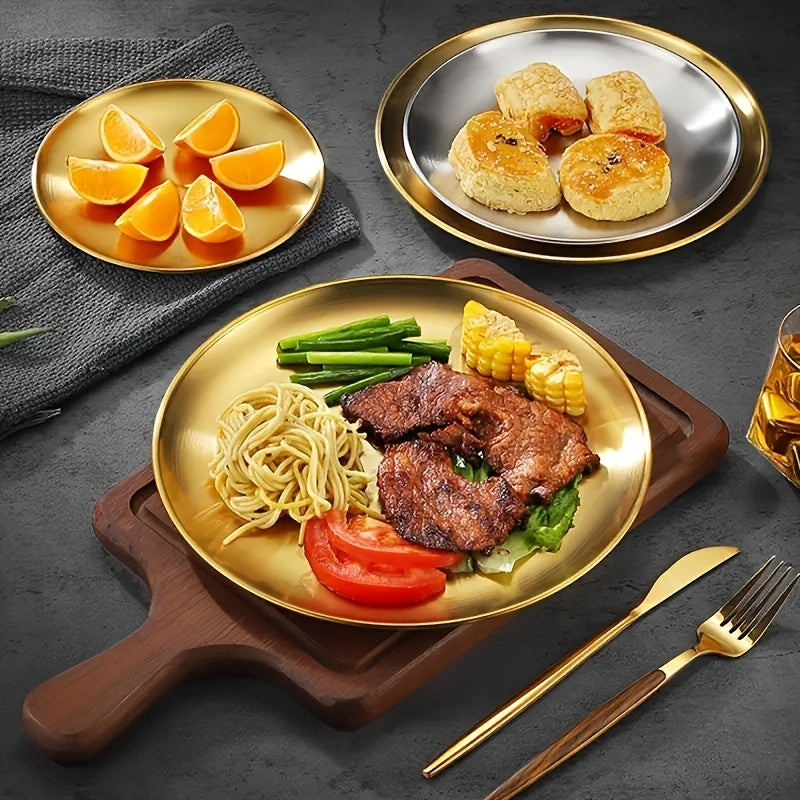 Набор из 4 десертных тарелок из нержавеющей стали диаметром 26,01 см, круглые сервировочные блюда, золотистые металлические подносы для салата, стейка
