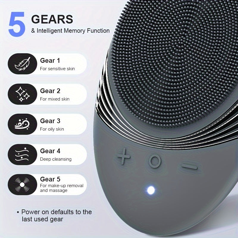Электрическая силиконовая щетка для умывания лица с мягким отшелушиванием и массажем 5 уровней
