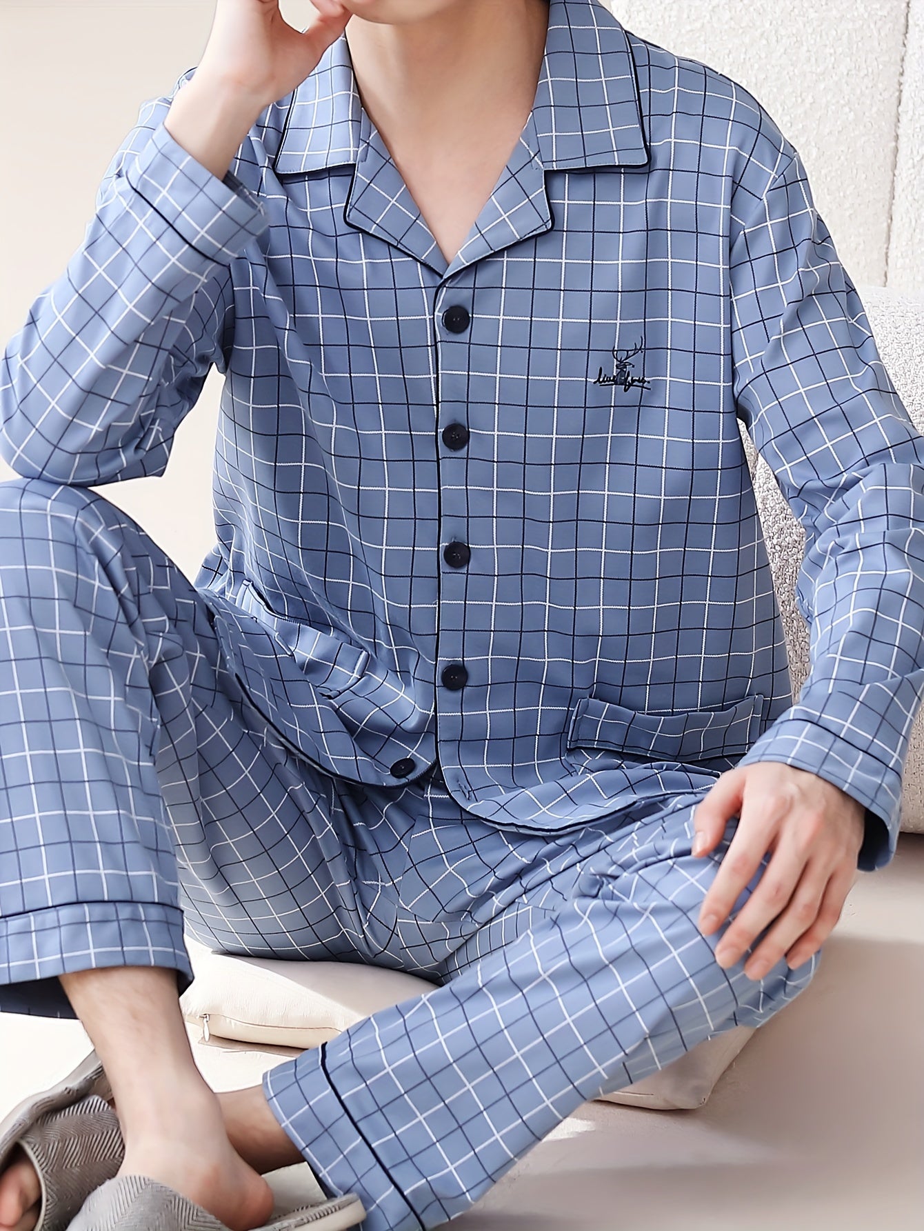 Men's Cotton Long Sleeve Pajama Pants with Pockets and Breathable Fabric