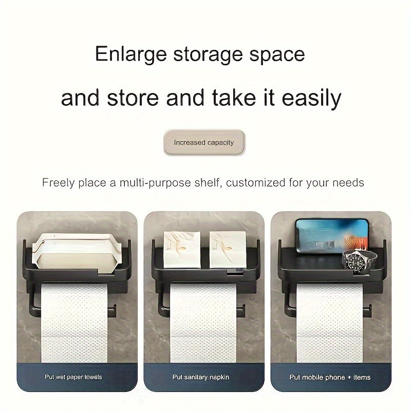 Black Plastic Toilet Paper Holder with Drawer Wall Mount Bathroom Organizer