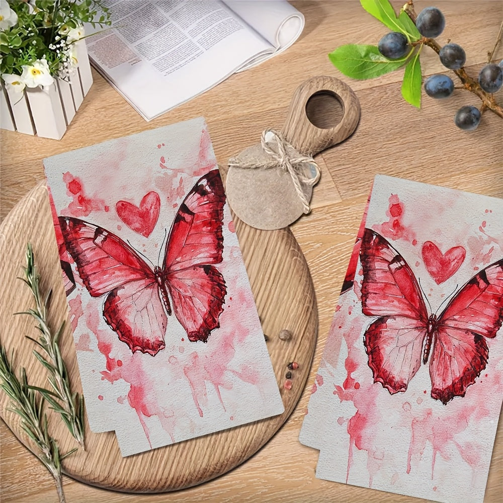 Valentine's Day Kitchen Towels Red Butterfly Heart Absorbent 16x24 Inches