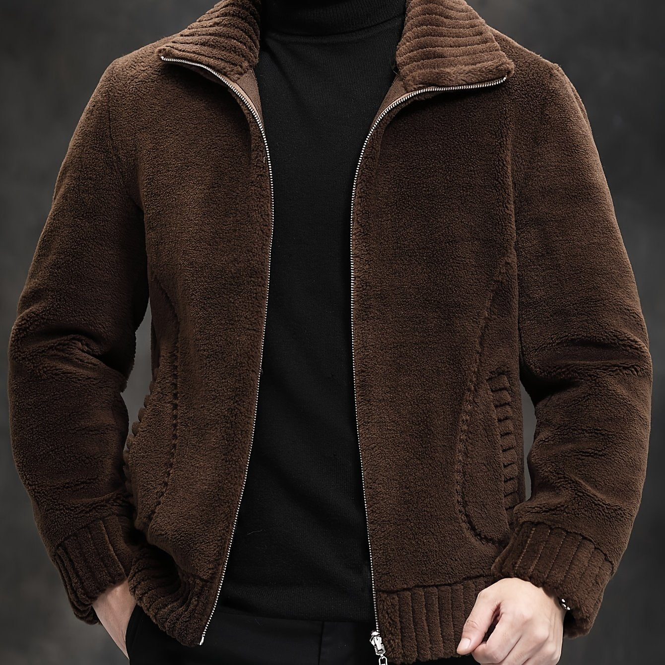 Men's Faux Fur Jacket Wool Polyester Solid Stand Collar Zipper Cold Resistant Outdoor