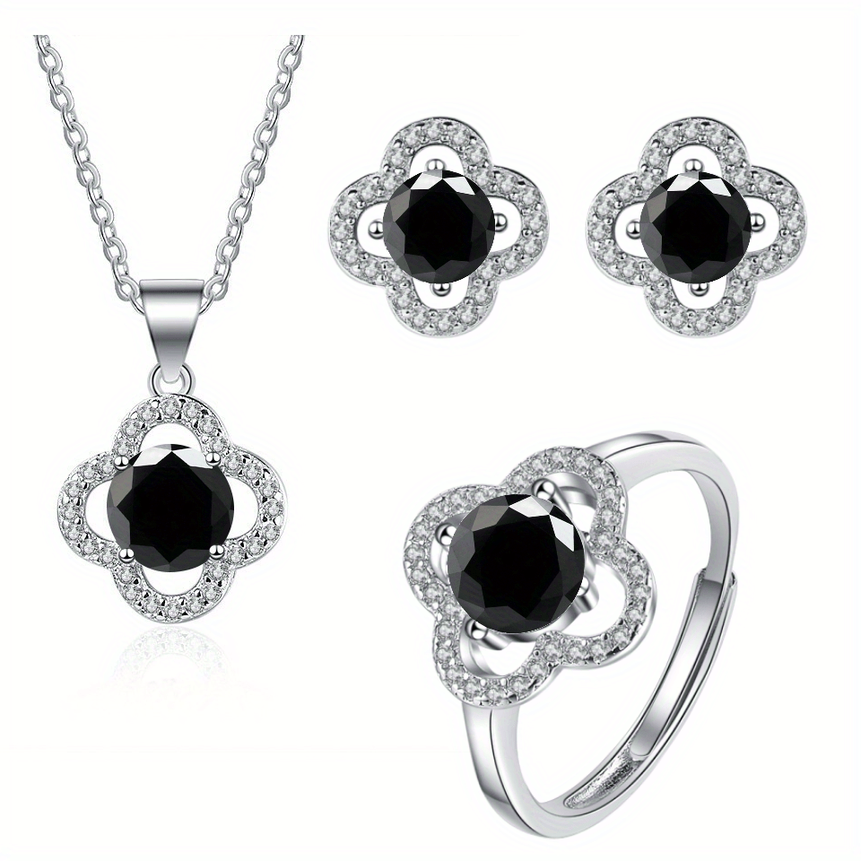 Moissanite Jewelry Set 925 Sterling Silver Earrings Necklace Ring Flower Design Gift