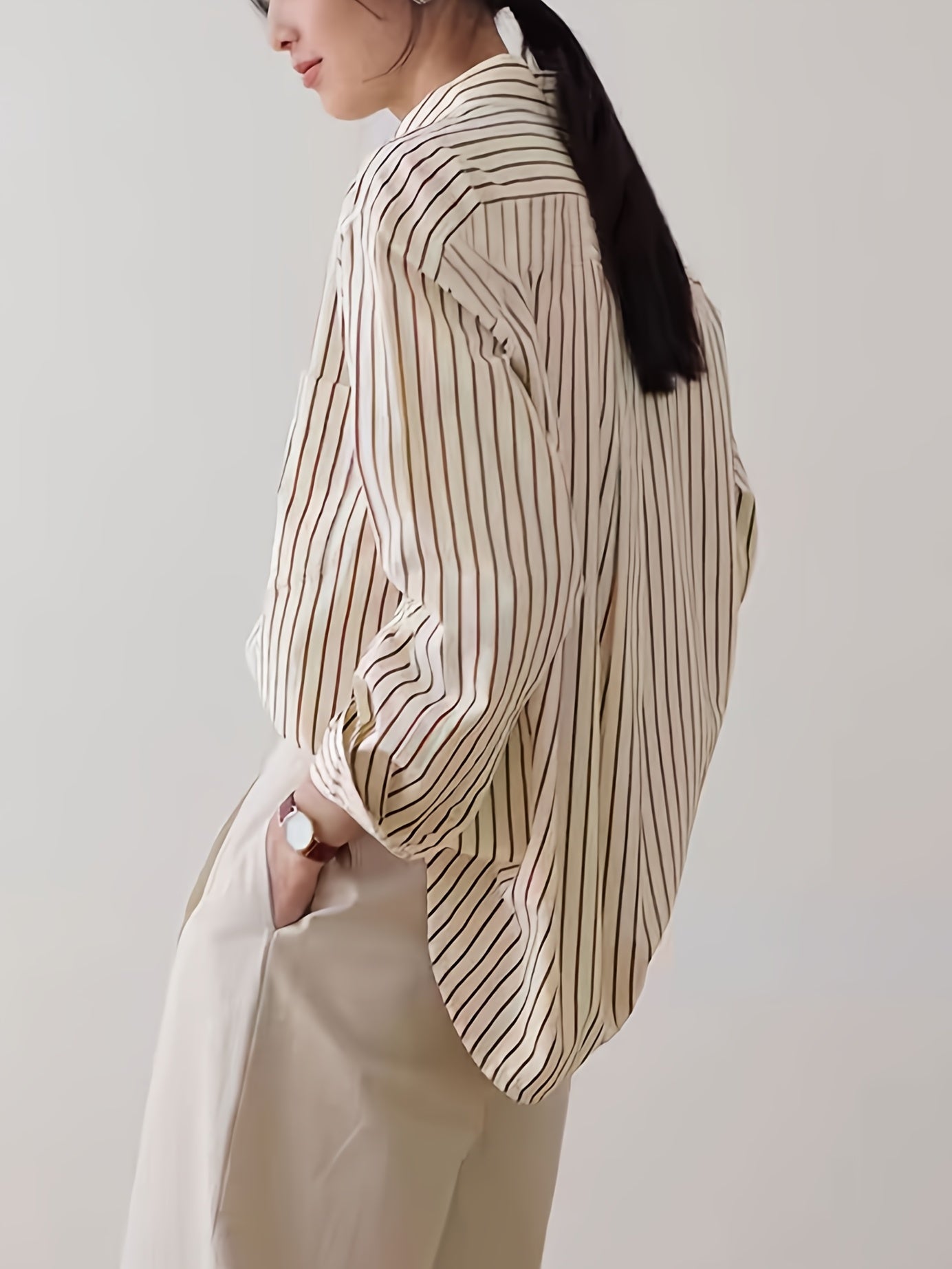 Beige Striped Long Sleeve Blouse with Button-Up Front for Casual Wear