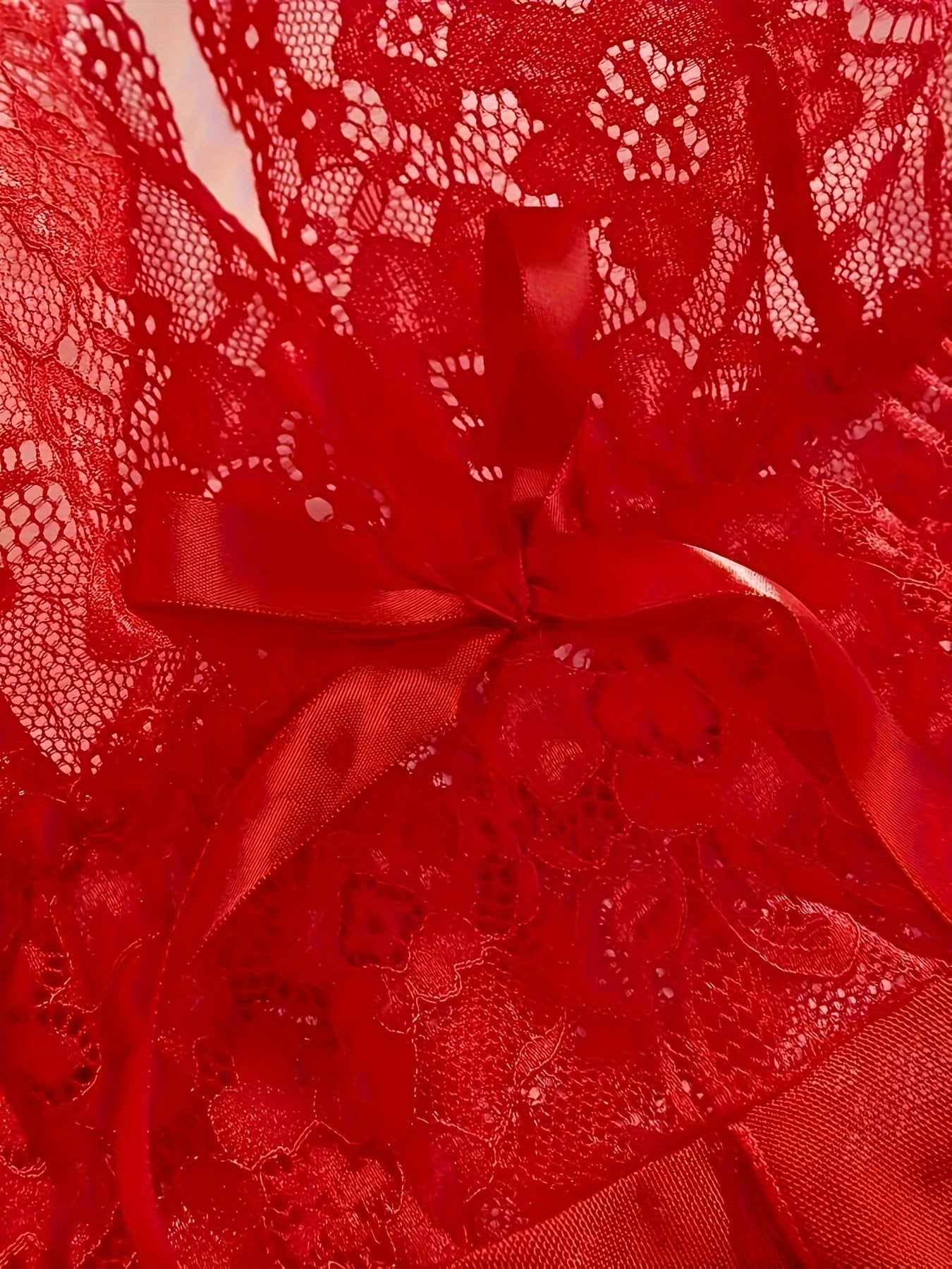 Sheer Lace Lingerie Set with Halter Neck and Bow Detail Includes Slip Dress and Thong