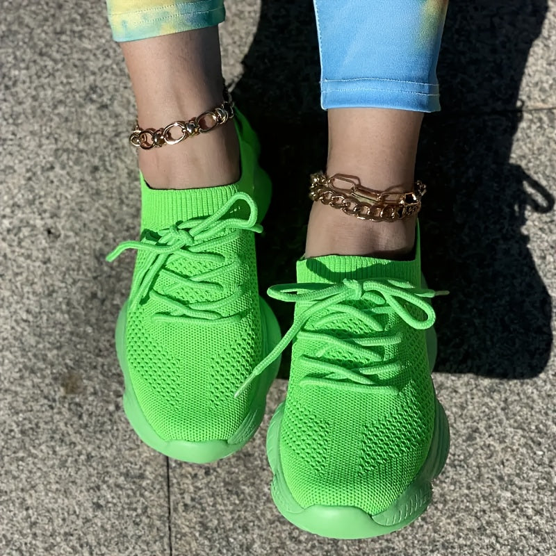Women's Casual Sneakers, Lightweight Round Toe, Lace Up, Solid Color