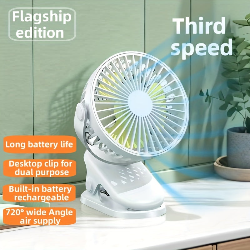 Rechargeable USB desk fan with clamp 360° rotation 3 speed long battery life