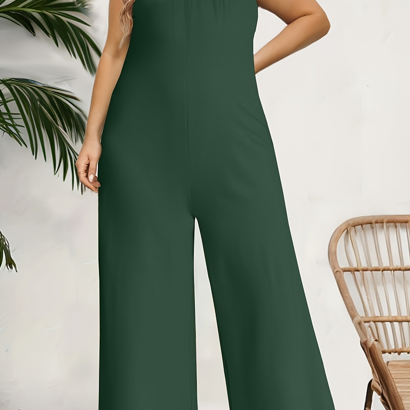 Women's Solid Color Jumpsuit with Tie Waist Polyester Spandex Knit