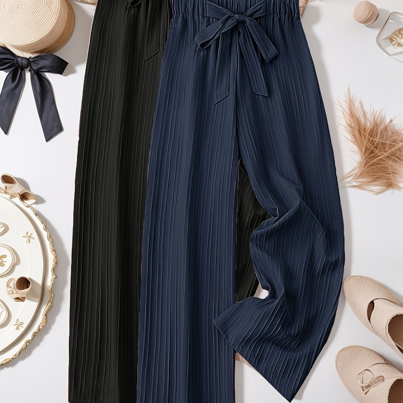 Plus Size Women’s Striped Pleated Long Pants Two Pack Casual Autumn Spring