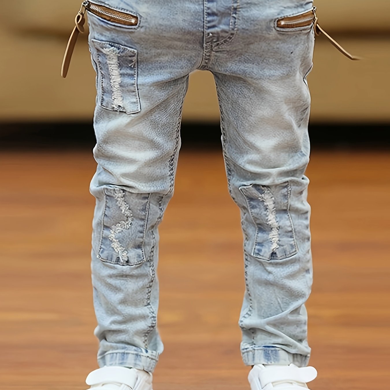 Children's Elastic Waist Denim Jeans with Patches and Pockets for Boys and Girls
