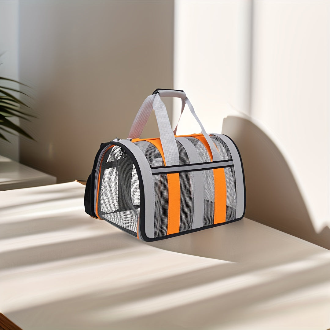 Портативная сумка для переноски домашних животных с сетчатыми окнами, прочный полиэстер, застежка на молнии, складной дизайн и плечевой ремень для путешествий с кошками и собаками.