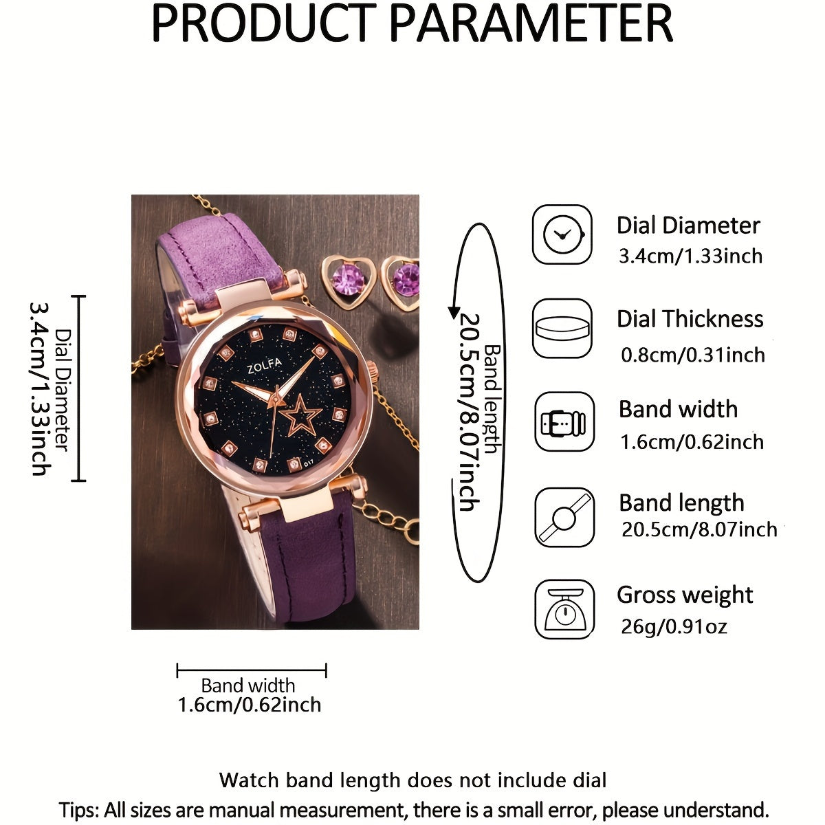 Ayollar modasi soati va zargarlik buyumlari to'plami, 6 dona, yurak rhinestone, yulduzli pentagram, sun'iy charm, sovg'a