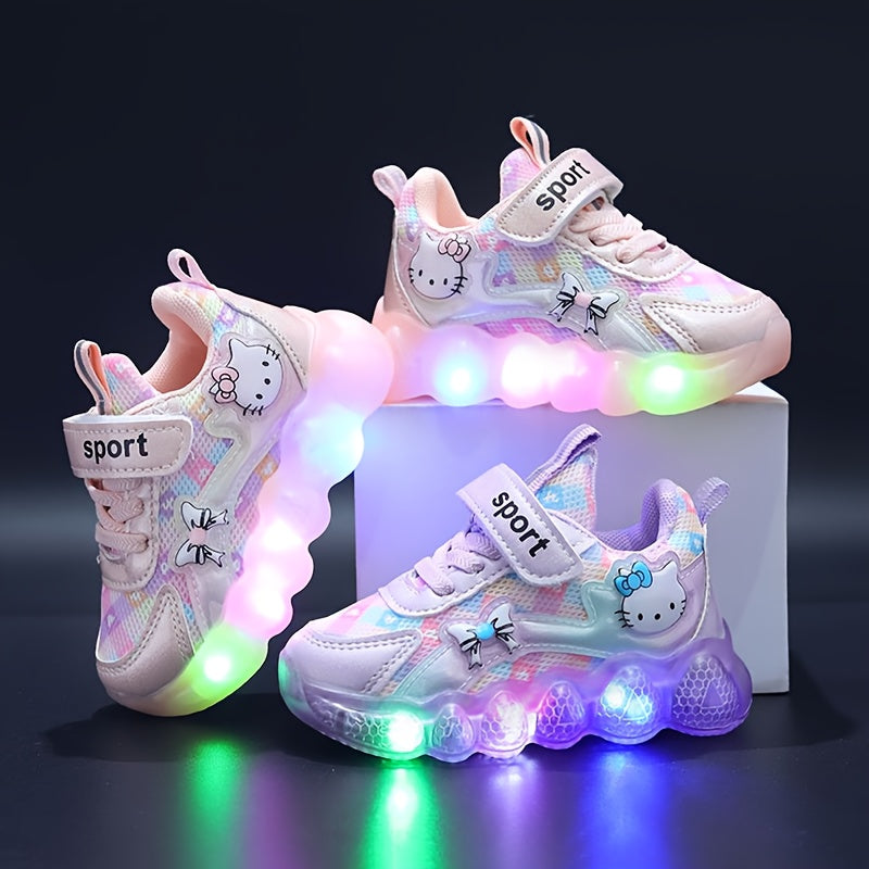 Girls LED Light-Up Sneakers with Colorful Cartoon Prints and Hook-and-Loop Fastener