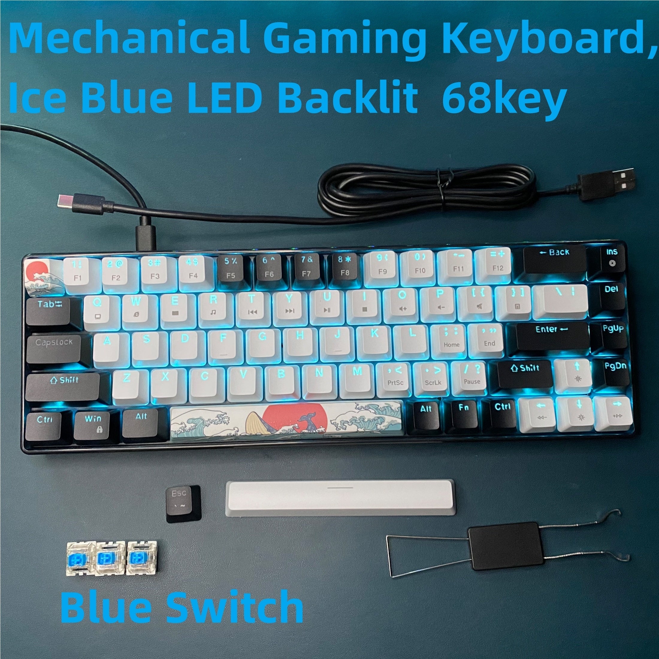 68-Key Mechanical Gaming Keyboard with Blue Backlight Hot-Swappable Switches and Detachable Cable