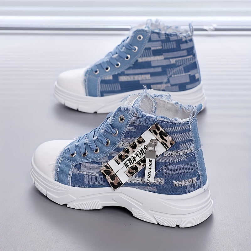 Women's Denim High-Top Sneakers with Zipper, Thick Sole, Comfortable Insole