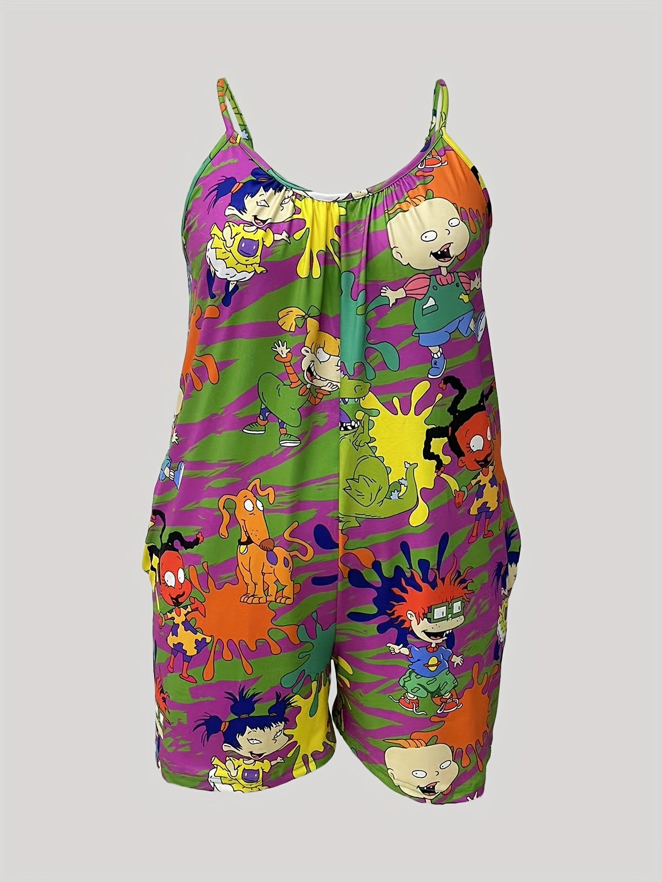 Plus Size Cartoon Print Slip Romper Casual Sleeveless Pockets Women