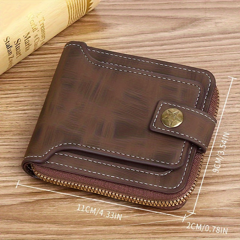 Men's PU Zipper Wallet with Button Decor Credit Card Holder Bifold Coffee