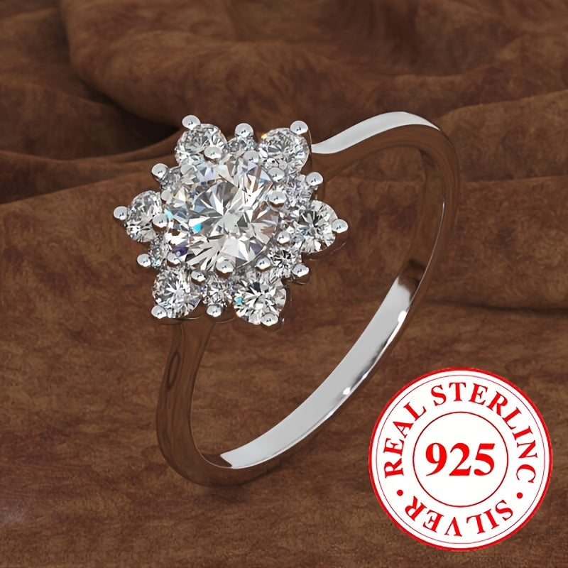 Sterling Silver Flower Cluster Ring with Cubic Zirconia Snowflake Band Wedding Jewelry