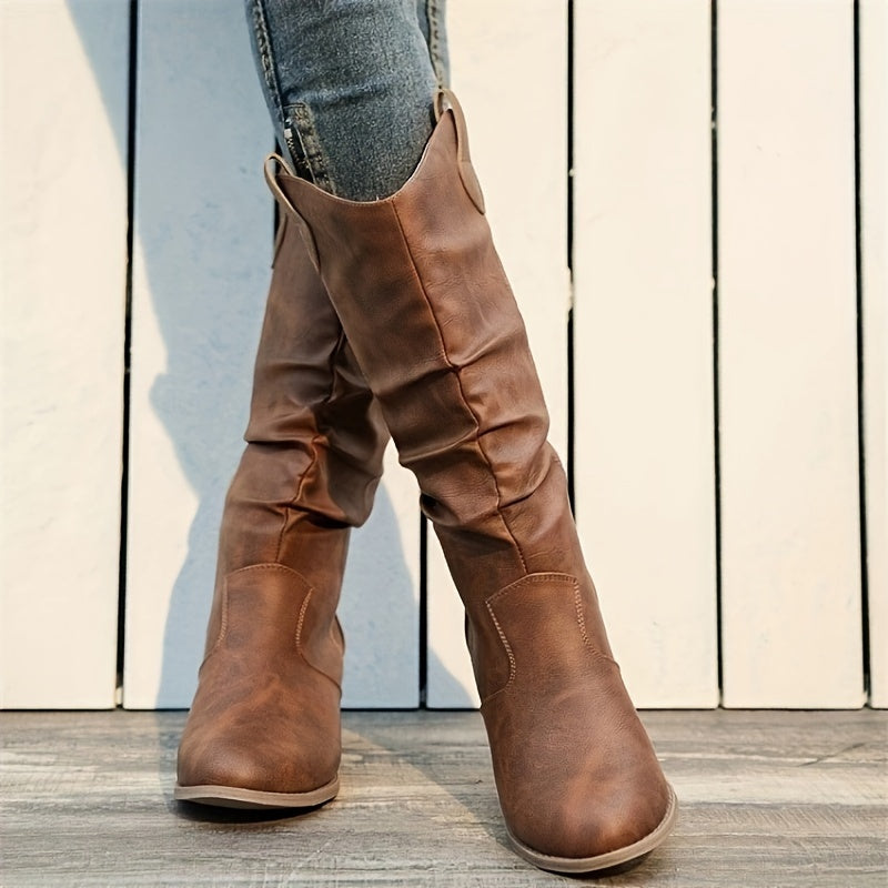 Women's Faux Leather Slouchy Western Boots Mid-Calf Brown Round Toe