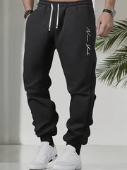 Men's Plus Size Fleece-Lined Casual Joggers with English Print Drawstring Fall Winter