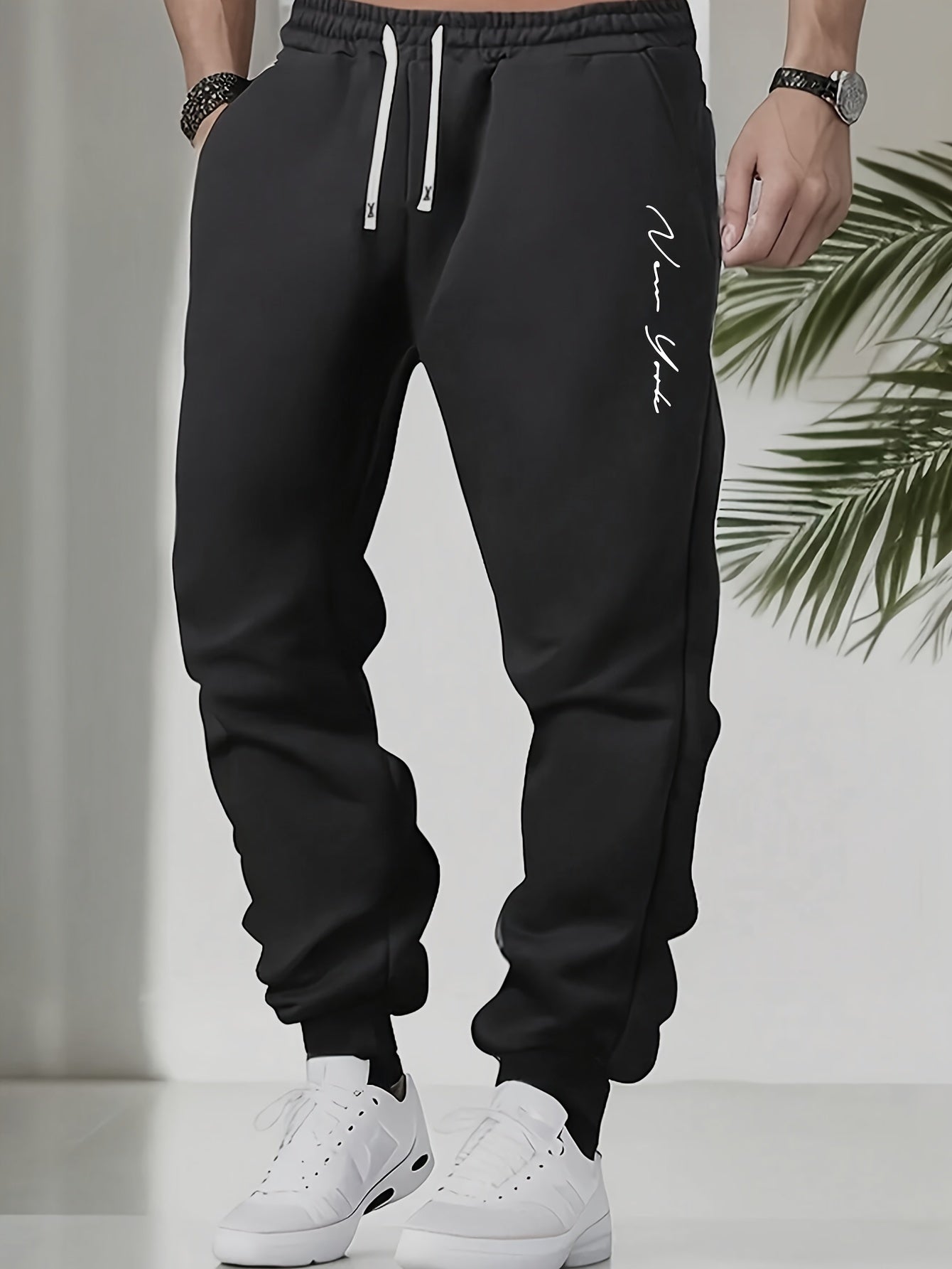 Men's Plus Size Fleece-Lined Casual Joggers with English Print Drawstring Fall Winter