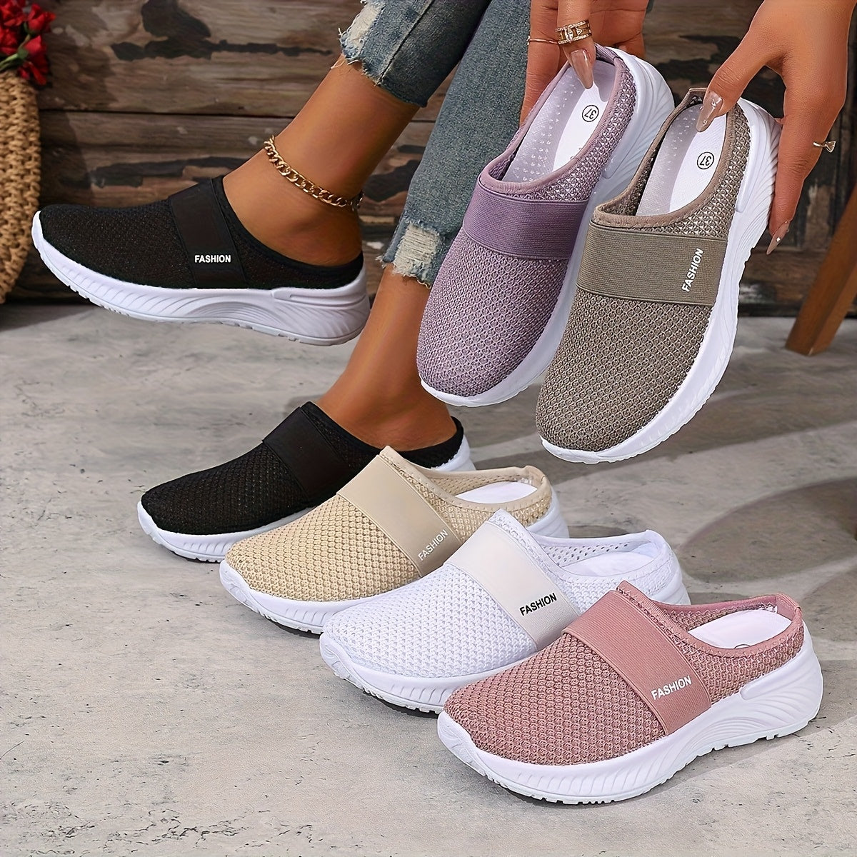 Women's White Slip-On Casual Sneakers Breathable Mesh Lightweight Comfort