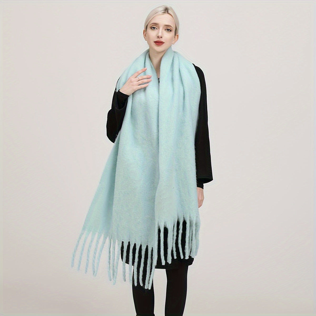 Women's Autumn Winter Solid Color Fringe Scarf Soft Windproof Large Shawl