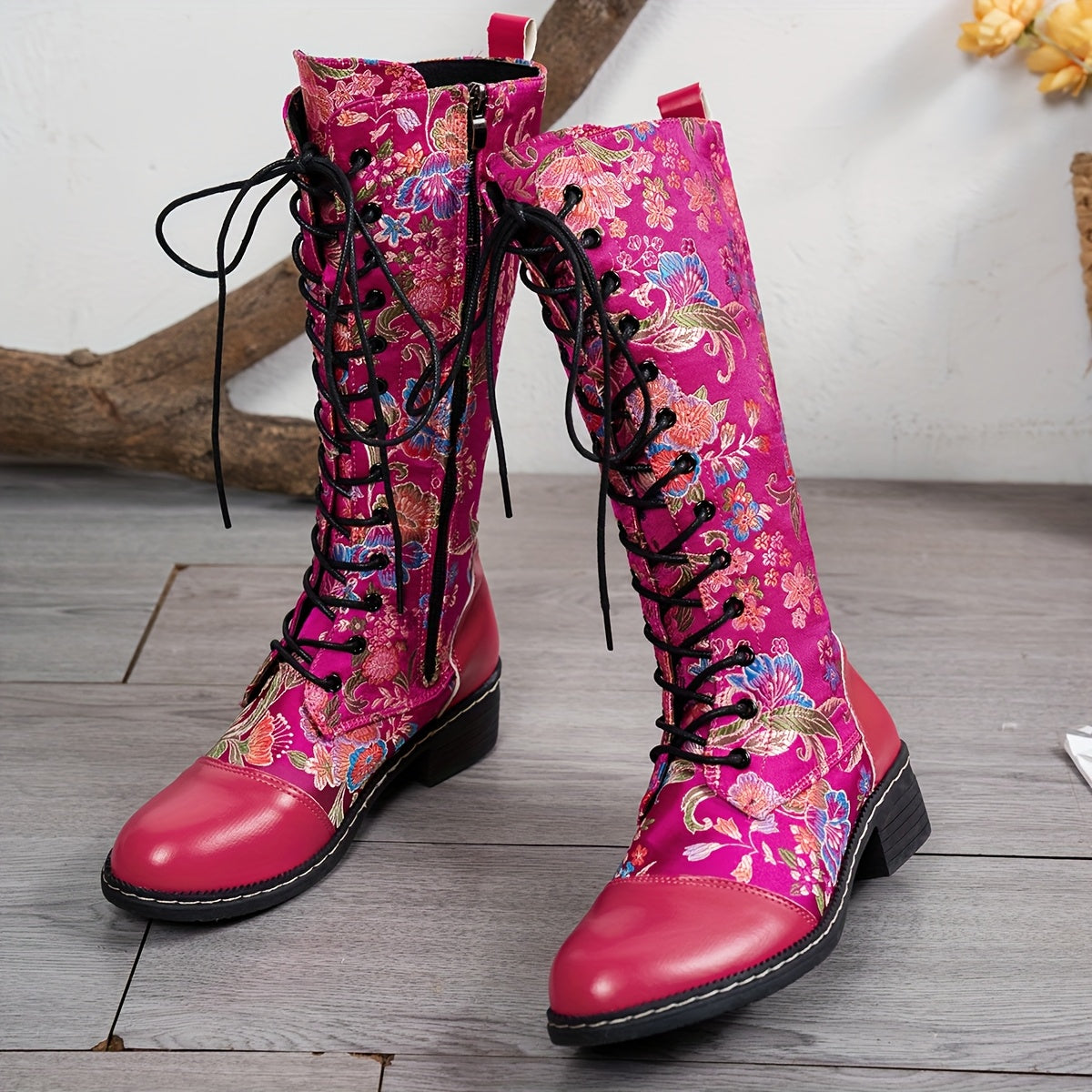 Women’s Floral Knee-High Boots Canvas Lace-Up All-Season Black