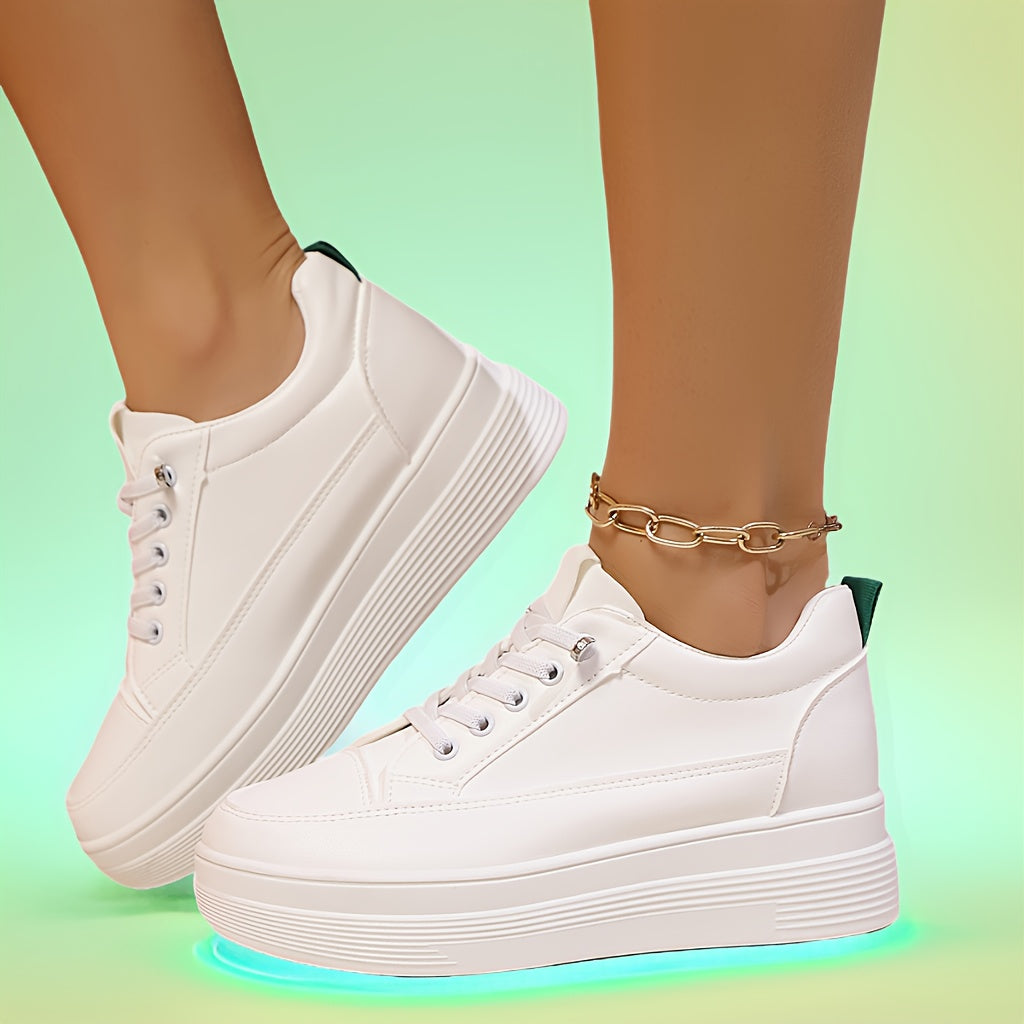 Women's White Low-Top Platform Sneakers with 2.54cm Lift for Casual Wear
