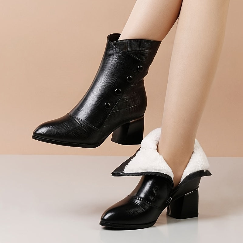 Ayollar uchun tekis blok to'pi, uchburchak burchak va yon fermuar bilan tekis to'plangan ankle botinkalar. Har mavsumda qulay va ko'p maqsadli, norasmiy yoki rasmiy kiyim uchun mukammal. Sovuq uchun to'quv ichki qismi.