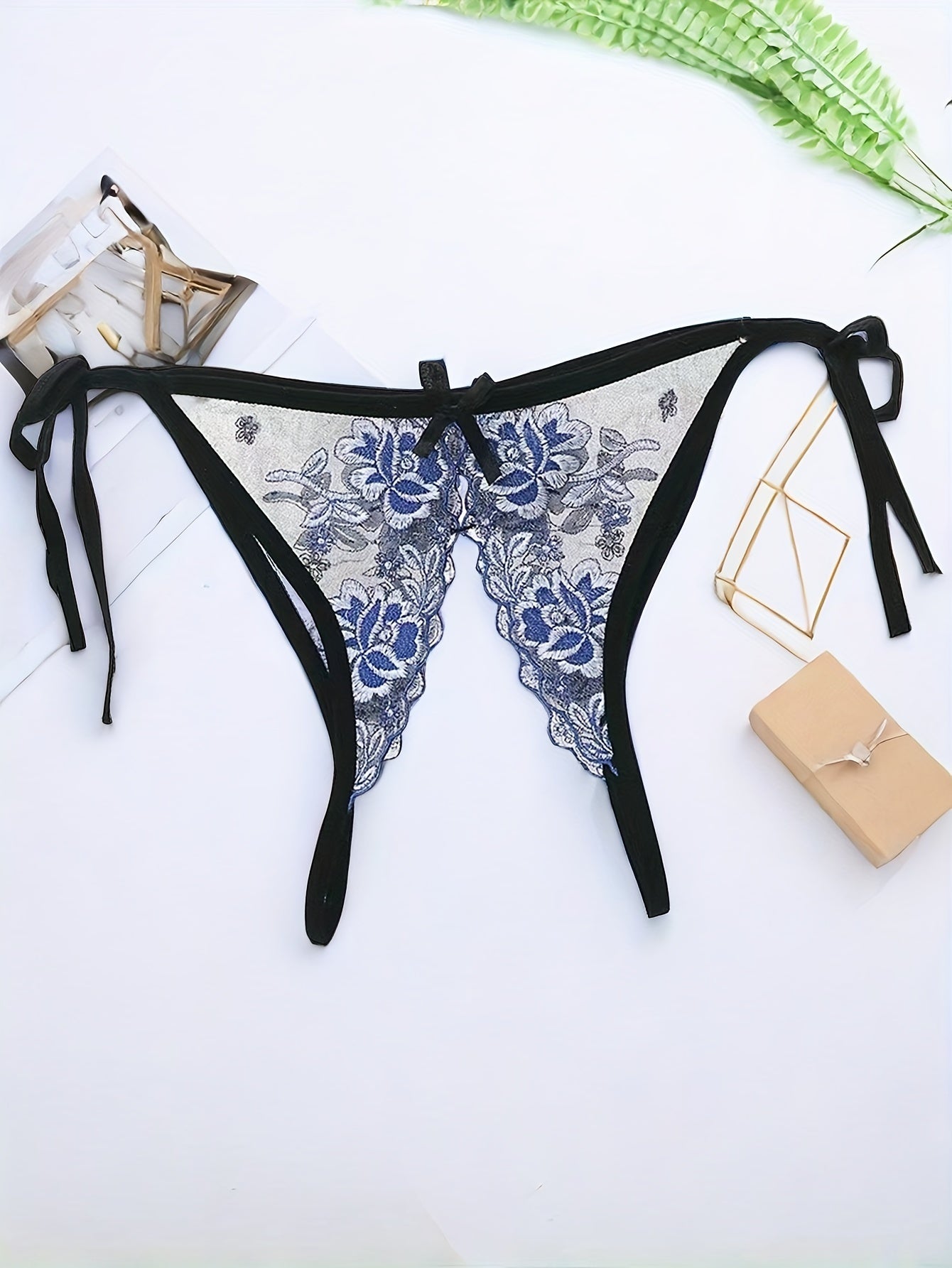 Women's Embroidered Floral Garter Thong Panties with Adjustable Slit and Knit Fabric