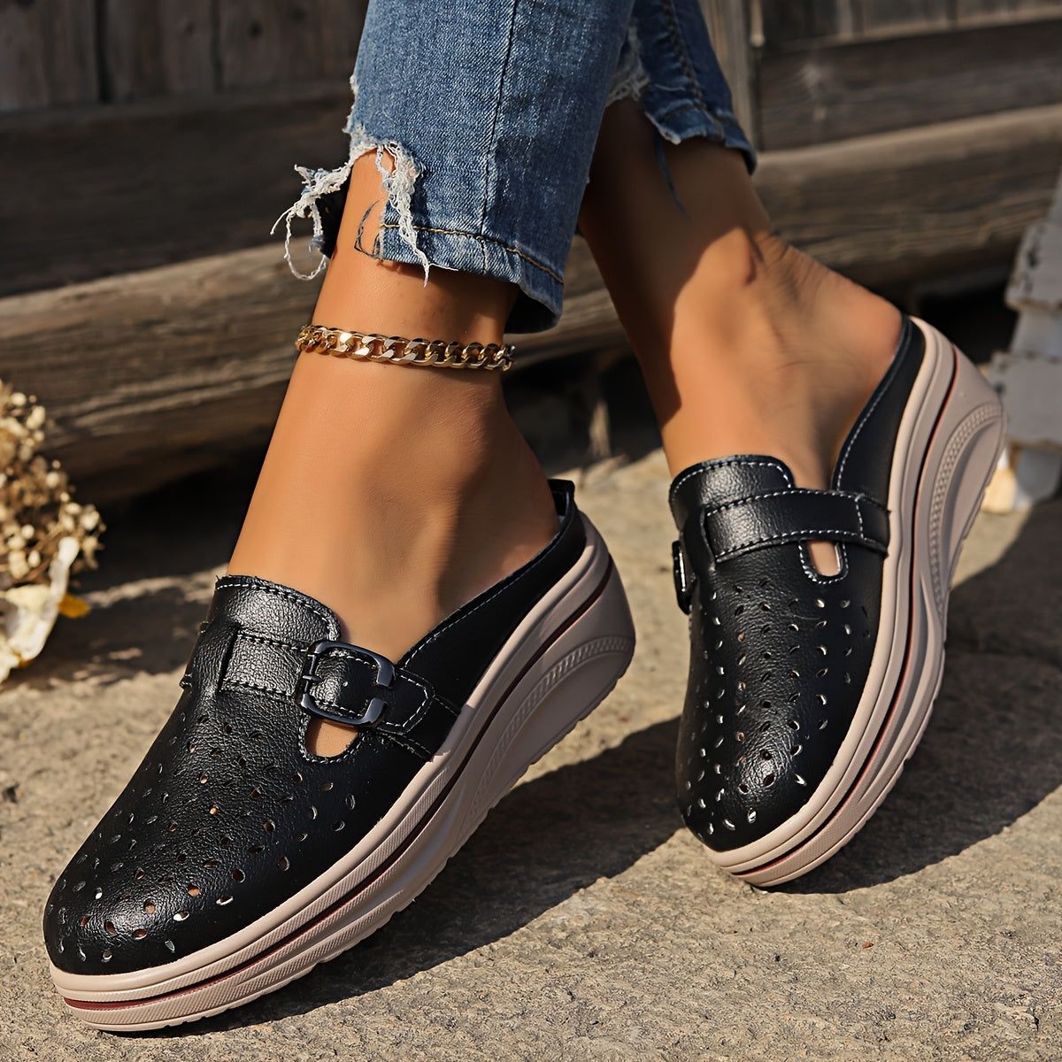 Women's Summer Mules Casual Slip-On Cover Sandals Black White