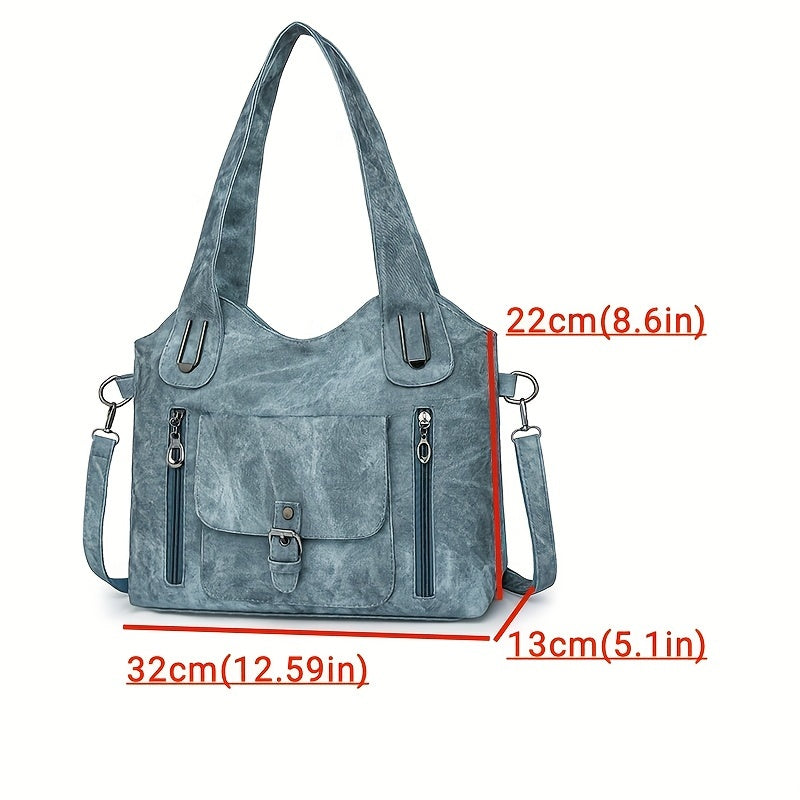 Retro Women's Shoulder Tote Bag Faux Leather Light Blue Blue Black Adjustable Zipper Pockets