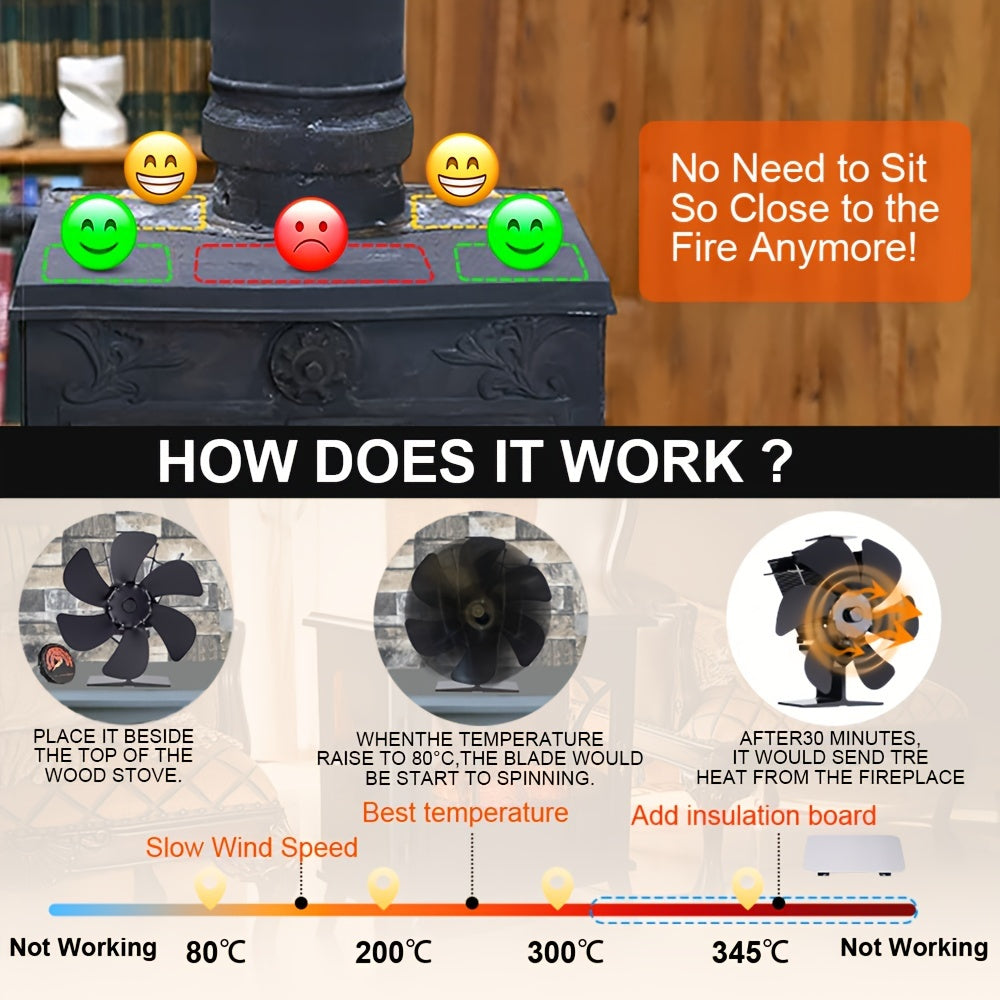 6-Blade Wood Stove Fan Non-Electric Portable Heat Distribution Indoor Outdoor